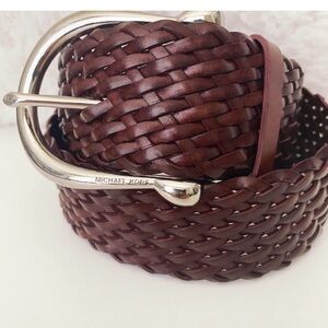 MICHAEL Michael Kors Chestnut Braided Belt with Polished Silver Buckle